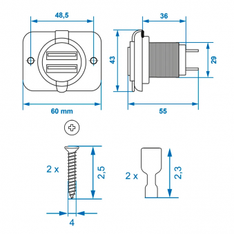 2xUSB lizdas su rėmo įduba. 3.1A 12 24V, S103-450416