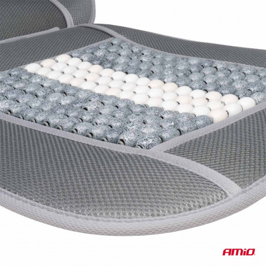 Istuinpäällinen puupalloilla ristiseläntuella 131x46cm harmaa-valkoinen raita Amio