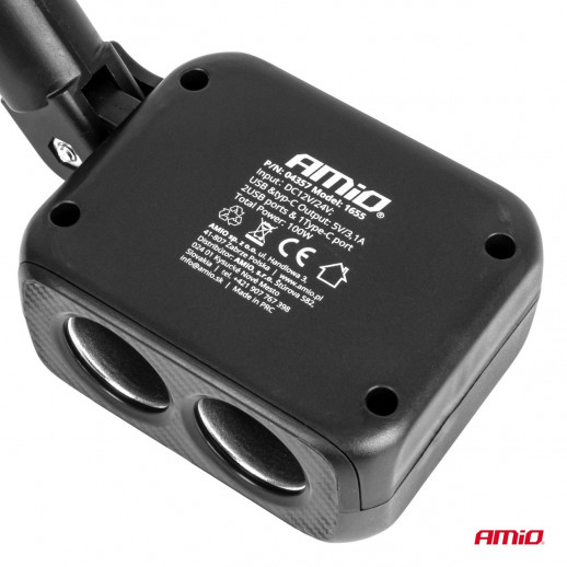 Sigaretisüütaja hargmik 2-auguga 2x USB A 1x USB C 12/24V 100W 180°Amio