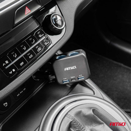 Sigaretisüütaja hargmik 2-auguga 2x USB A 1x USB C 12/24V 100W 180°Amio