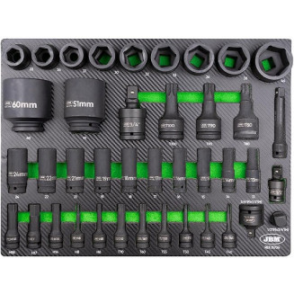 41-OS. SET CARTUCCE IMPACT+PUNTE 3/4&quot;+1/2&quot; 13-46MM IN PANNELLO PU JBM, 15736J