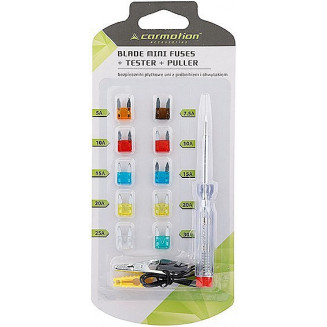 10-PIECE SET OF FORK FUSES &quot;MINI&quot; + TESTER 6-24V CARMOTION, 58389