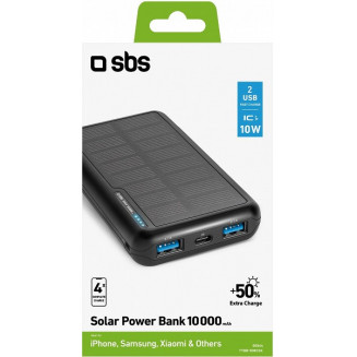 AKKU PANKKI SOLAR 10000MAH 2XUSB-A+ USB-C+MICRO MUSTA SBS, TTBB10000SK