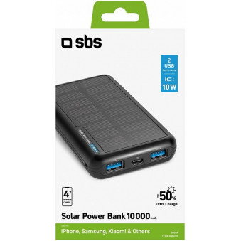 AKKU PANKKI SOLAR 10000MAH 2XUSB-A+ USB-C+MICRO MUSTA SBS, TTBB10000SK
